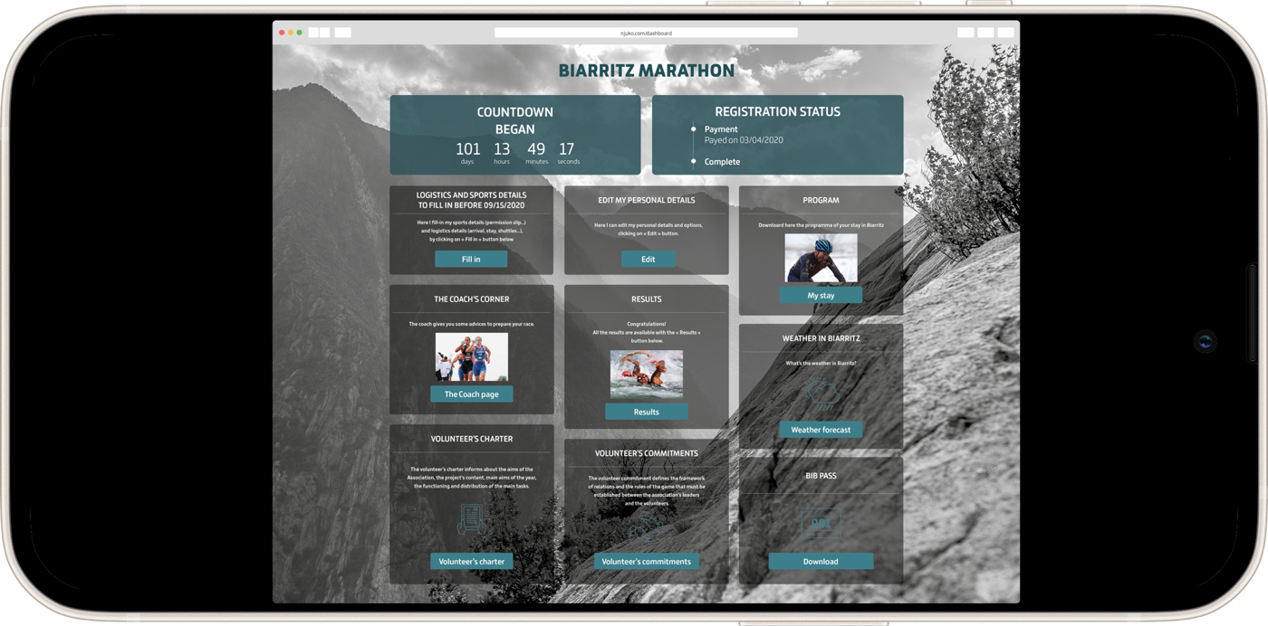 Participant dashboard of a marathon on a phone